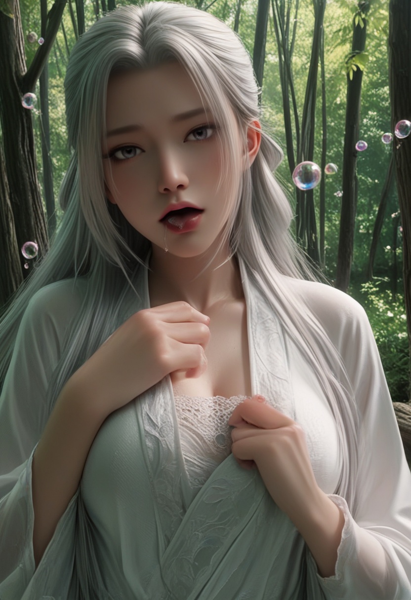 masterpiece,best quality,realistic,cinematic,detail eyes,(ultra-detailed),perfect composition,intricate details,absurdres,detailed face,high quality,high res,8K,1girl,long hair,large breasts,solo,dress,indoor,bed,1girl,head tilt,half open mouth,half-closed eyes,naughty face,blush,heavy breathing,upper body,heart bubbles,looking at viewer,one hand up,under the willow tree,maple leaf,<lora:奶琪睡衣gh:0.8>,saliva,drooling,