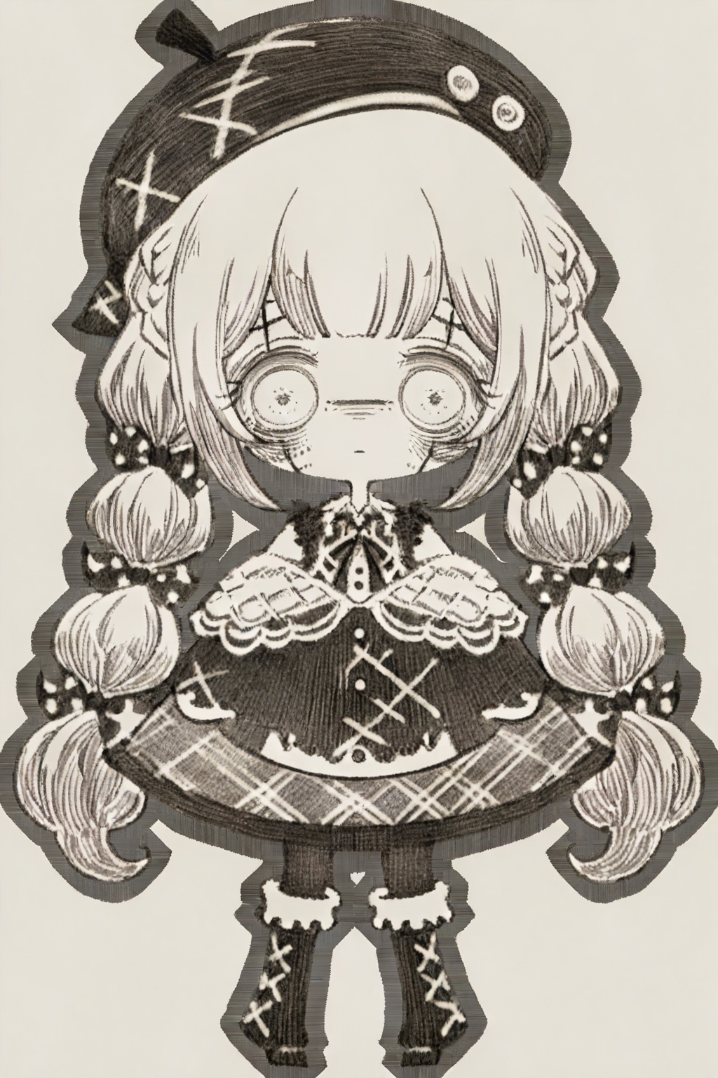 1girlsololong hairlooking at viewerblushskirtlong sleevesdresshatbowribbonclosed mouthvery long hairtwintailsstandingfull bodymonochromebraidmulticolored hairhair bowpantyhosegreyscalebootschibitwin braidsfur trimscarberetpolka dotpersonificationstitchesmultiple hair bowsfur-trimmed boots<lora:mnsp Texture2D:1>,