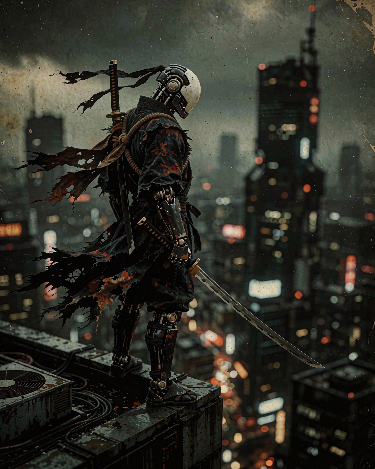 Bask in the realm of expressionism. In a haunting scene,  a robotic ninja stands on the roof of a skyscraper. In a hauntin...