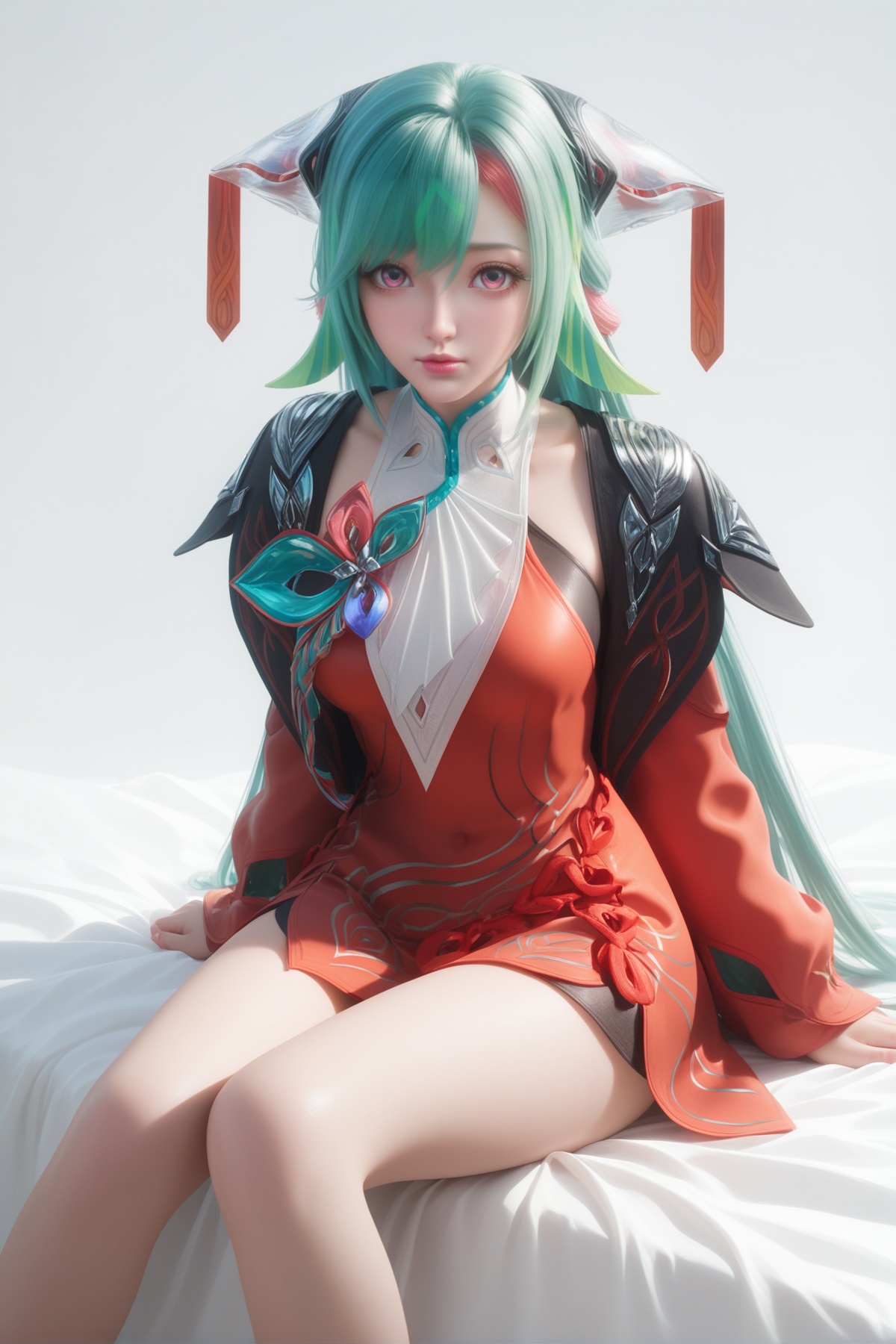 masterpiece,best quality,realistic,cinematic,detail eyes,(ultra-detailed),perfect composition,intricate details,absurdres,detailed face,high quality,high res,8K,<lora:X_shaosiyuan_IL3.0:0.8>,green hair,multicolored hair,pink eyes,1girl,long hair,breast,medium breast,hair_ornament,dress,bare_legs,simple background,white_background,sitting,looking_at_viewer,bed,