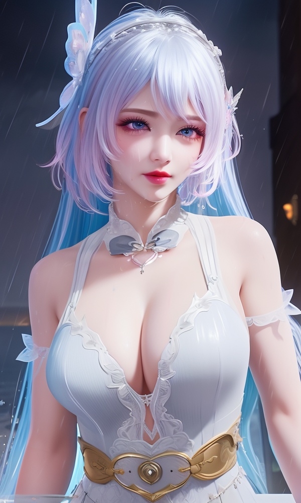 (,1girl, ,best quality, ),looking at viewer, <lora:480-DA-斗罗大陆-永劫无间-唐舞桐:0.8> ,, ,masterpiece, (( , )),,ultra realistic 8k cg, ,      ,building, bare_shoulders,cleavage cutout, eyelashes,magic,hydrokinesis,sweat, wet, rain, ,       (cleavage), (),
