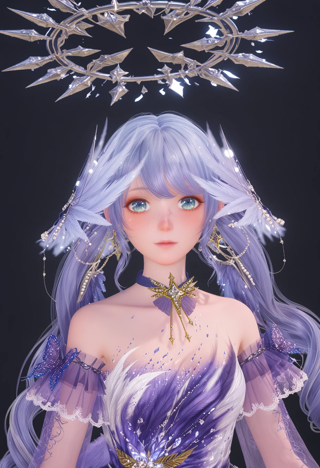 (upper_body:1.2),(looking at viewer:1.1),facing viewer,direct gaze,<lora:YQ_pony_nuannuan21_chiyubuyu_zhigengniaoranse_V4:0.8>,see-through,see-through long_sleeves,1girl,solo,long hair,dress,jewelry,earrings,choker,purple dress,blue hair,purple hair,hair ornament,blue eyes,twintails,purple choker,ornate golden halo-like crown featuring intricate leaf patterns.,BREAK (white skin:1.1),(fair skin:1.1),(Ivory skin:1.1),(shiny skin),perfect anatomy,(simple background,pure black background,black background:1.1),