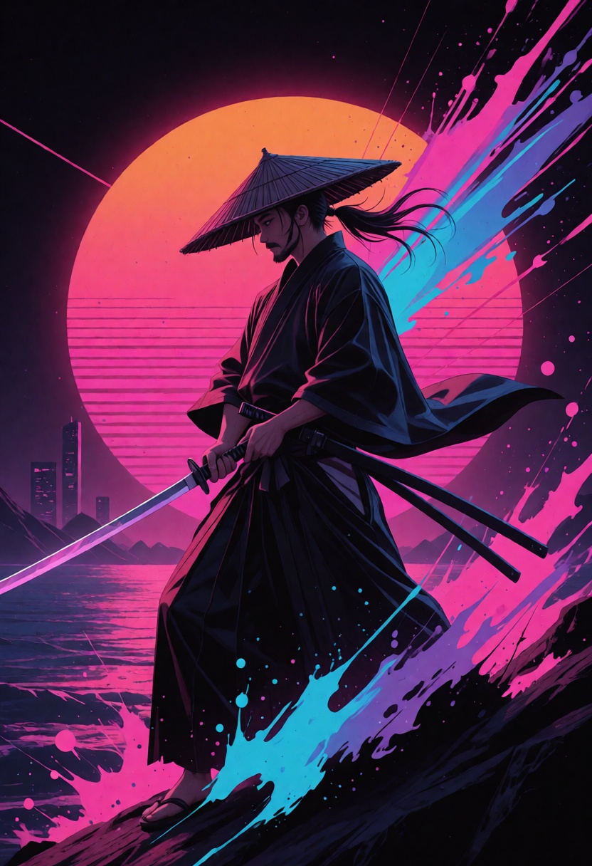 A lone samurai warrior in his late 30s stands in a dynamic three-quarter combat pose,  wearing flowing black robes and a w...