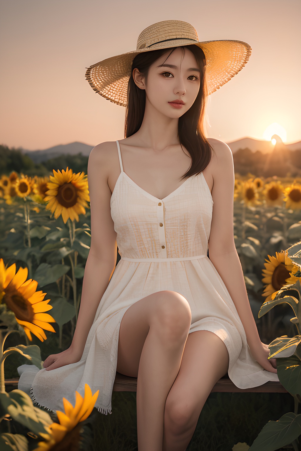 <lora:0812_02:0.7>,a girl with a sun hat,sitting in a field of sunflowers,bathed in the golden glow of sunset,warm hues,peaceful ambiance,natural beauty.korean girl,black hair,, 1girl,realistic,masterpiece, best quality, photorealistic, HDR,detail