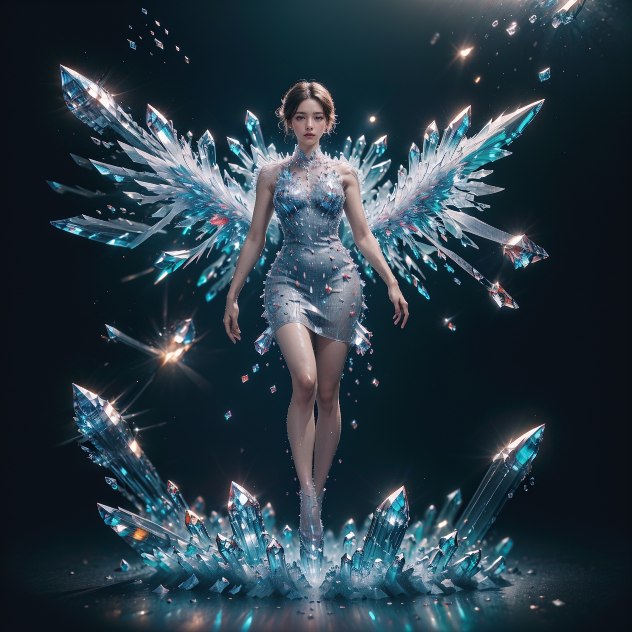 (best quality:1.4),(masterpiece:1.4),(photorealistic:1.4),(Realistic:1.2),(ultra high res, raw photo:1.4),(hdr, hyperdetailed:1.2),(8K:1.2),(1girl:1.2),(full body:1.4),highly detailed,sharp focus,dynamic lighting,vivid colors,texture detail,particle effects,(crystalz dress:1.4),(crystalz wing:1.5),<lora:Again_Crystalz:1>,