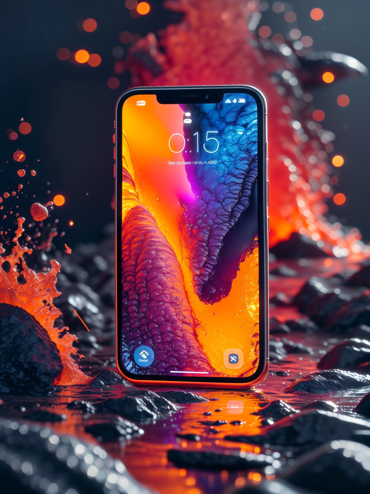 highly detailed,best quality,high resolution,masterpiece,high resolution,(lava flow\(glowing, splash, surround cellphone\):1.1),(background\(bright color, lava flow\) :1.2),focus on cellphone,(cellphone \(Put on Lava,clock on the screen \):1.4),Ultra HD texture,Crazy Detail,product photography,close-up of cellphone,