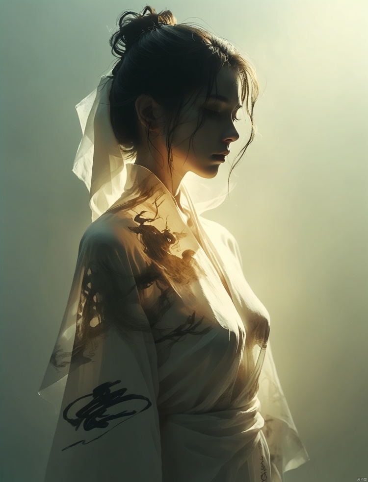 Double Exposure Style,Volumetric Lighting,a girl with Wrap top,arching her back,Traditional Attire,Artistic Calligraphy and Ink,light depth,dramatic atmospheric lighting,Volumetric Lighting,double image ghost effect,image combination,double exposure style
