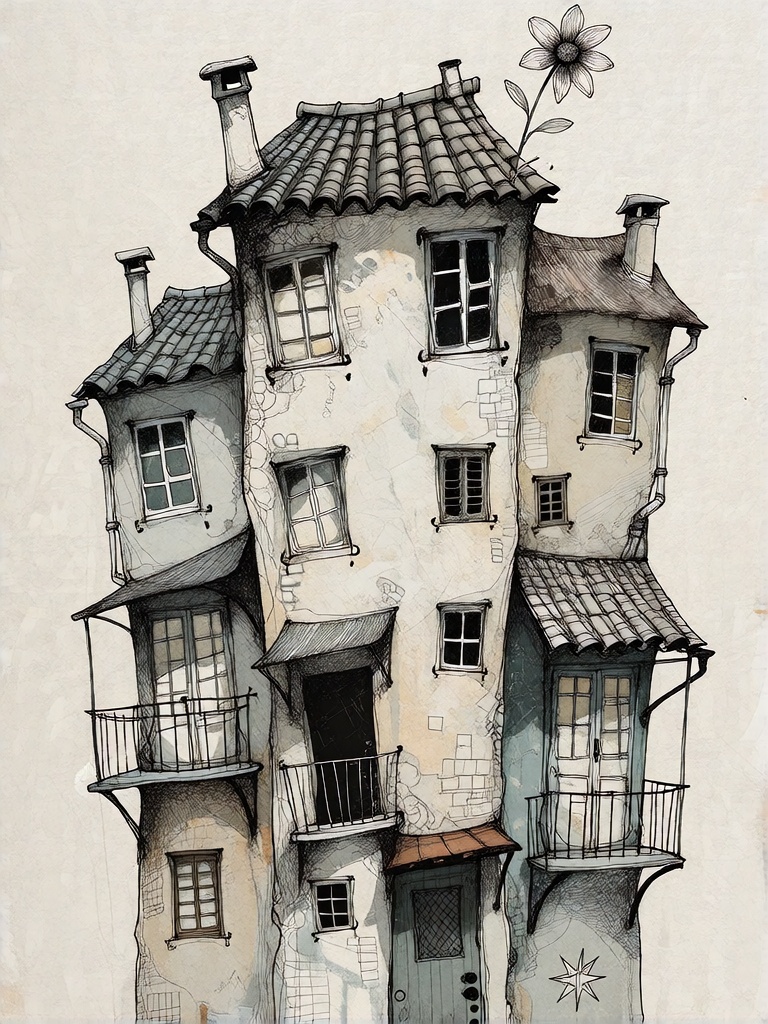 Bradhamel art style. A detailed black-and-white sketch of a vertically stacked,  densely packed urban village with irregul...