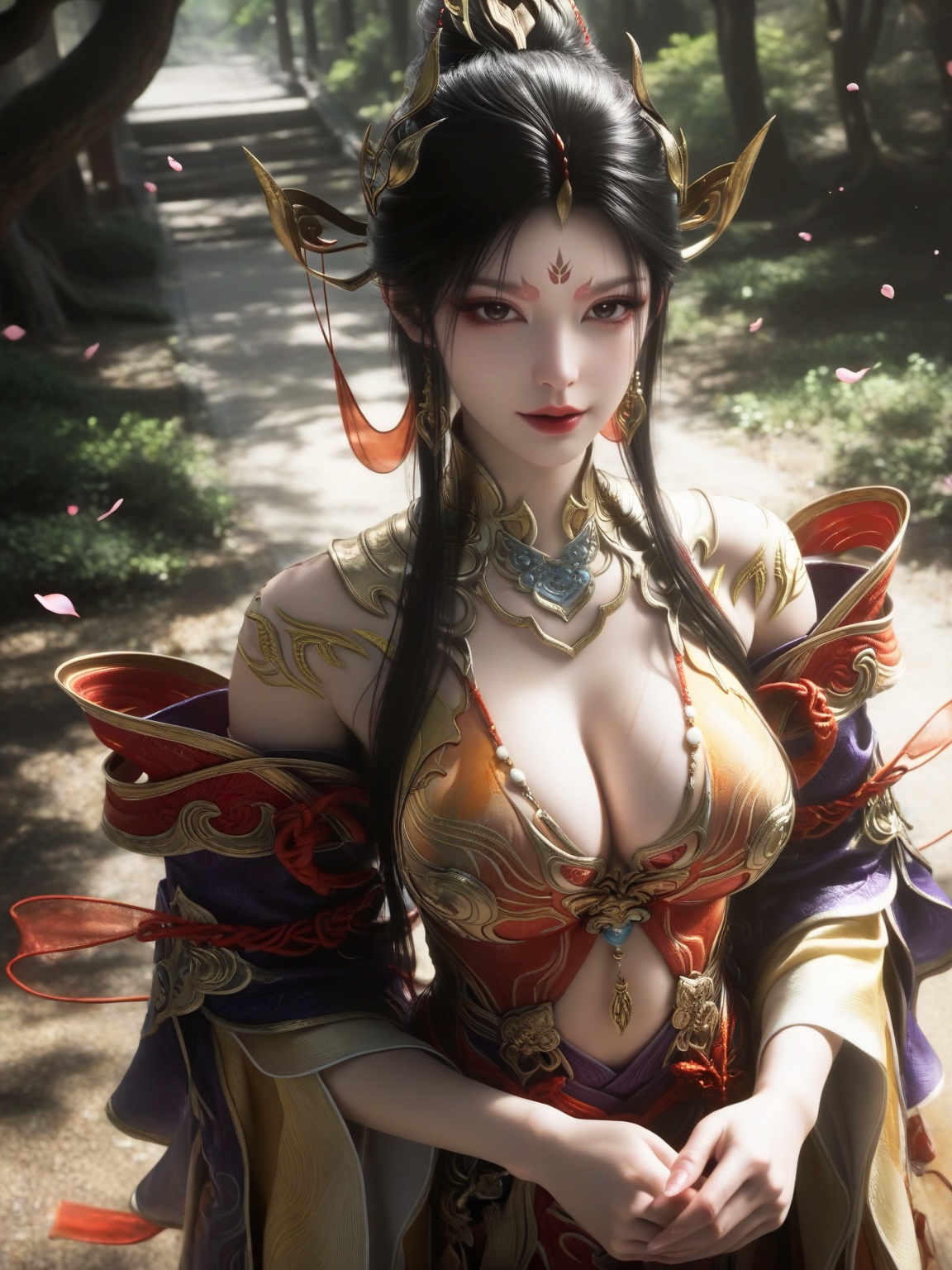 masterpiece,ultra-HD,photorealistic,high detail,best quality,8k,best quality,sharp focus,ray-tracing,1girl,SFNanGongJin,breasts,large breasts,long hair,hair ornament,black hair,lipstick,red lips,dress,detached sleeves,forehead mark,falling petals,eyelashes,makeup,solo,looking at viewer,standing, enchanting expression,outdoors, <lora:SF_NanGongJin_IL_Real-000004:0.7>,