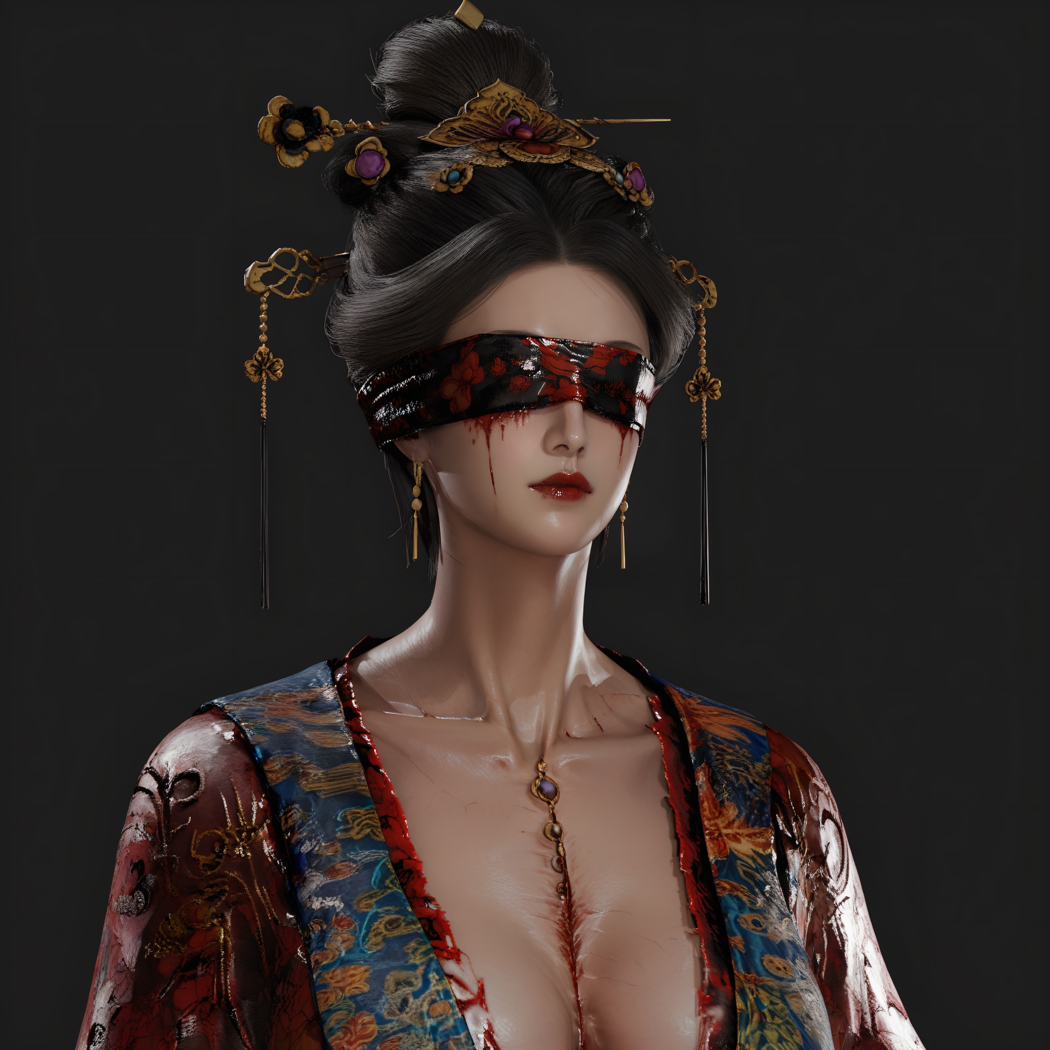 (score_9),front view,upper body,portrait,(glamor:1.2),(mature_female),collarbone,blindfold,solo,<lora:明末完美新娘-apony:0.85>,monster girl,hair ornament,updo,kanzashi,blood,tassel hair ornament,earrings,black hair,BREAK(dark_skin),light_skin,(Cinematic Lighting:1.1),simple background,black background,