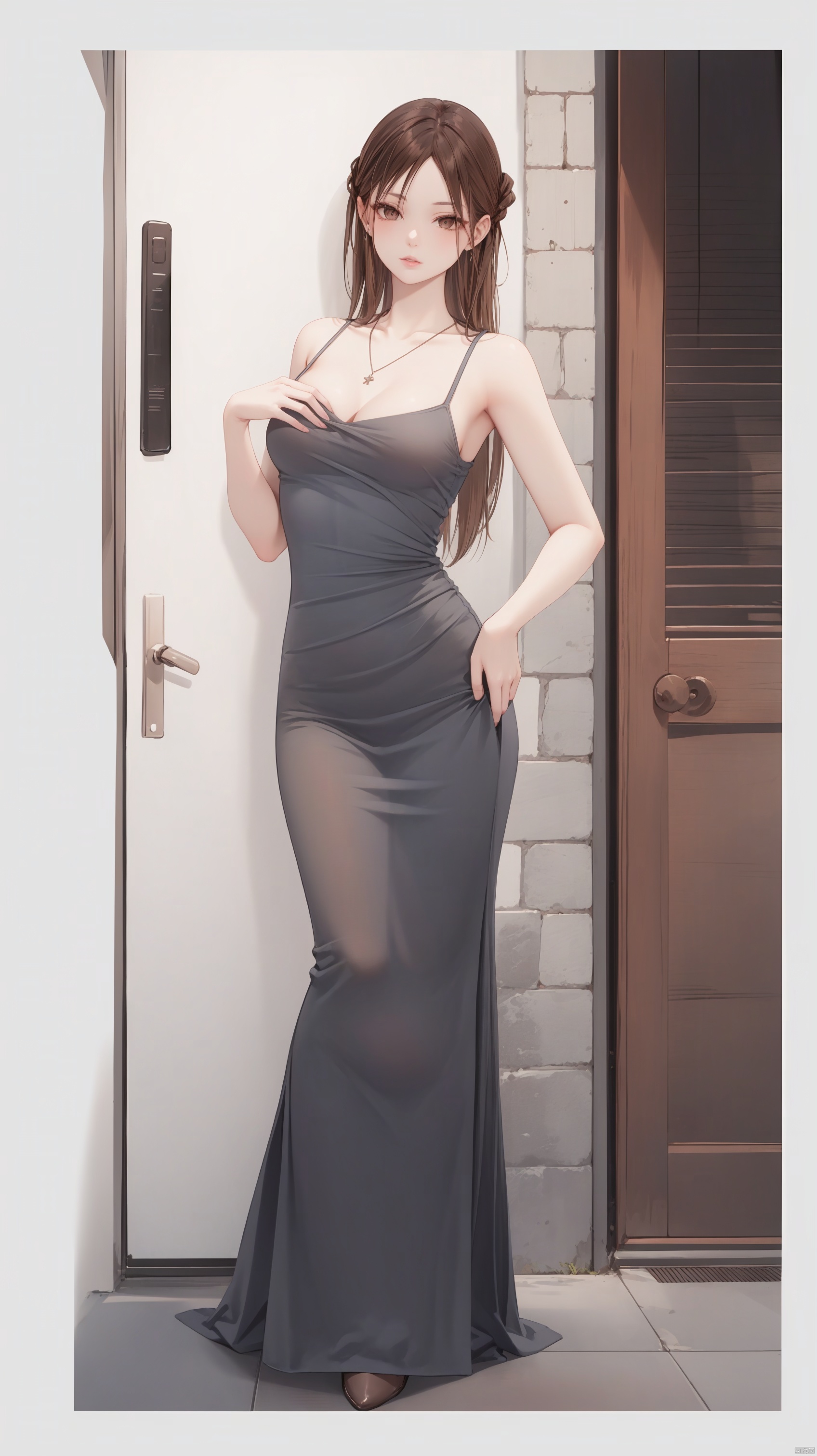 ——Poster Design,title,—— ——1girl, solo, long hair, , brown hair, , dress, brown eyes, jewelry, necklace, lips, realistic ————Moderate breast,————Hands on the hips.————<lora:EMS-260841-EMS:0.100000>, <lora:EMS-238967-EMS:0.100000>, <lora:EMS-356972-EMS:0.100000>, <lora:EMS-237410-EMS:0.300000>, <lora:EMS-446436-EMS:0.800000>
