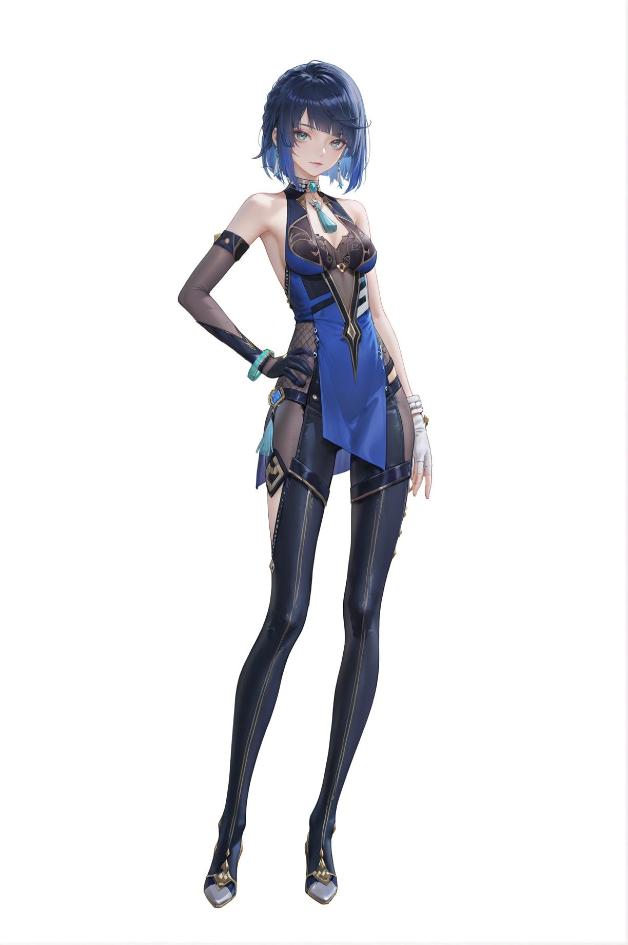 8k,best quality,masterpiece,(ultra-detailed),(high detailed skin),(artist:reoen:0.826446),(artist:machi:0.9),(artist:ningen_mame:0.9),(artist:sho_(sho_lwlw):0.9),(artist:rhasta:0.9),(artist:wlop:0.7),(artist:ke-ta:0.6),(fkey:0.5),(tianliang duohe fangdongye:0.5),(hiten \(hitenkei\):0.6),best quality,amazing quality,(artist:onineko:0.826446),very aesthetic,bokeh,masterpiece,best quality,<lora:wqmt-gnoob-Tanger:0.6>,Path to Nowhere  \(video game\),game CG,cool,full body,full shot,standing,looking at viewer,(solo:1.2),simple background,(white background:1.2),hand on own hip,(white background:1.1),<lora:yela_new-noob-Tanger-000014:0.8>,yelan \(genshin impact\),clothes: yelan def blue-and-black bodysuit,asymmetrical skirt panel,tassel decoration,bare shoulders,mismatched gloves,1girl,bangs,jewelry,bracelet,elbow gloves,short hair,blue hair,green eyes,