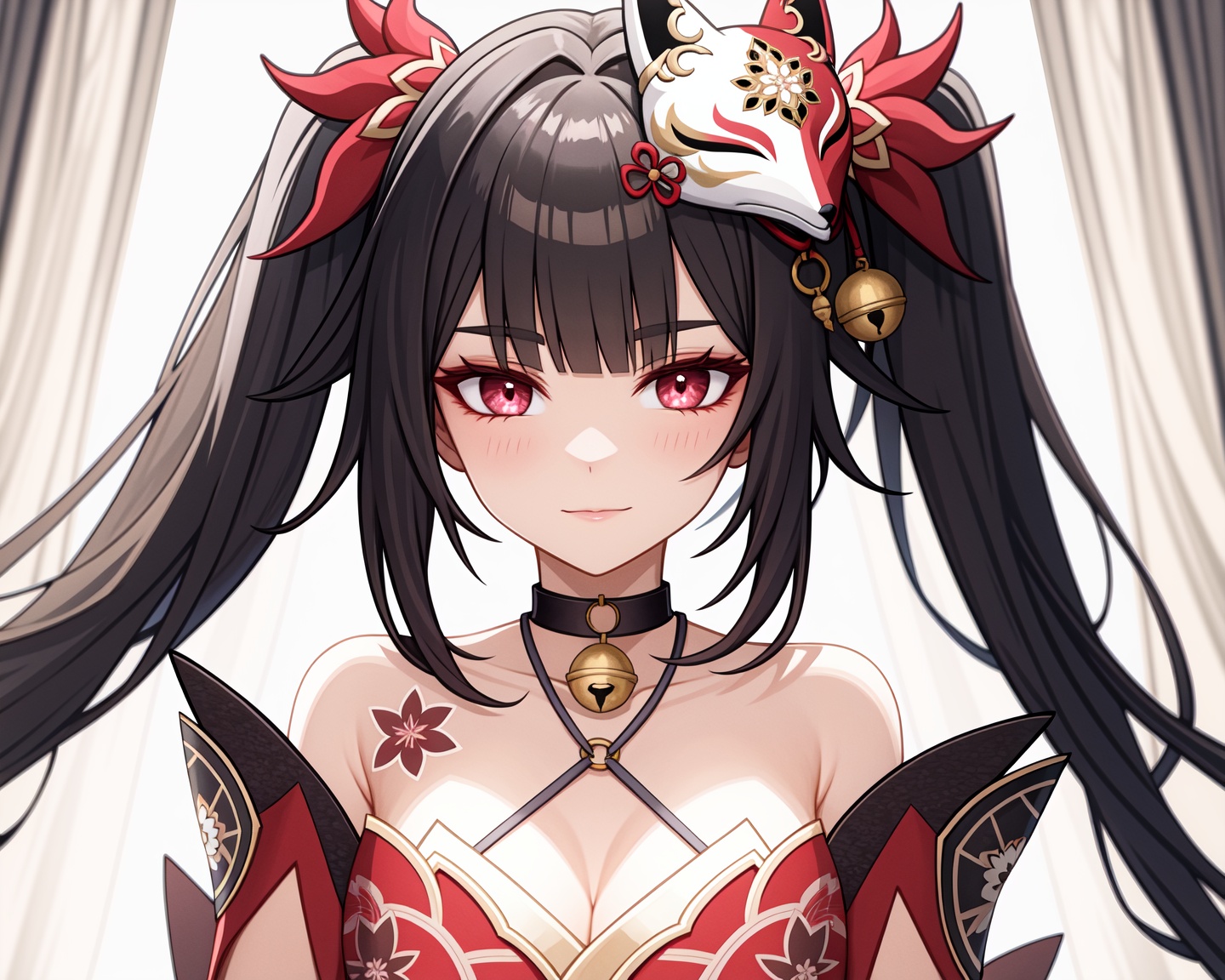 <lora:nai画风:0:lbw=paint>,<lora:花火v5:1:lbw=char>,huahuo,twintails,fox mask,red kimono,mask on head,black gloves,detached sleeves,choker,high quality,jingle bell,tattoo,( dynamic angle:1.2),(dappled sunlight on her:1.25),(Tyndall effect:1.1),light on face,hdr,bloom,An epic scene,best light,best illustration,, (masterpiece,best quality,high quality:1.4),absurdres,