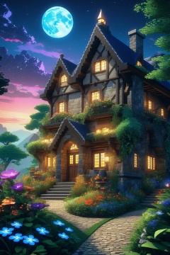 A vibrant, enchanted garden with a variety of magical flora glowing under the moonlight, with a quaint stone cottage in the background., illustration, 3d, cartoon,high resolution, high quality, detailed, masterpiece, hdr, sharp,[Pixel Art style],[ abbe bi style], amazing, beautiful, breathtaking, astonishing, brilliant, incredible,