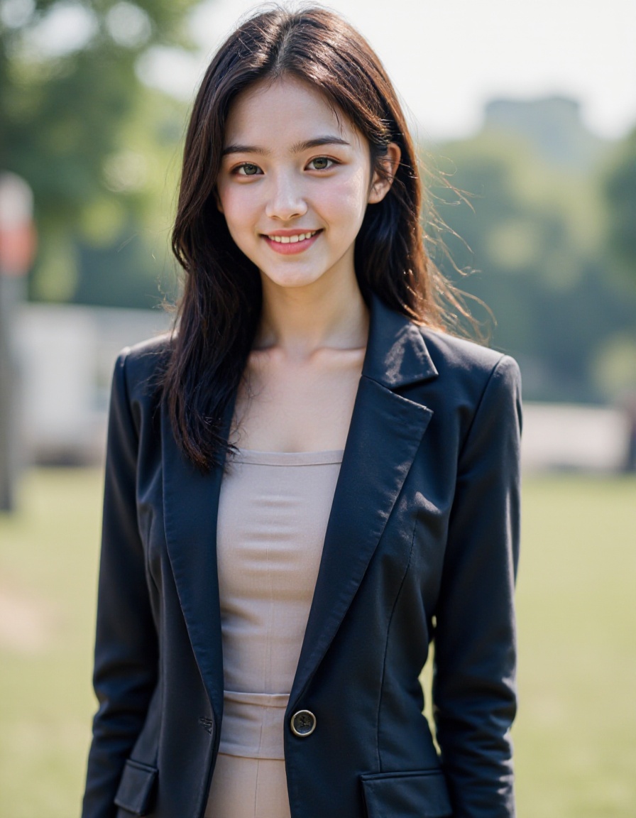 film grain, realistic, photorealistic,1girl, solo, black hair, looking at viewer, dress, long hair, smile, suit, upper body, outdoors,