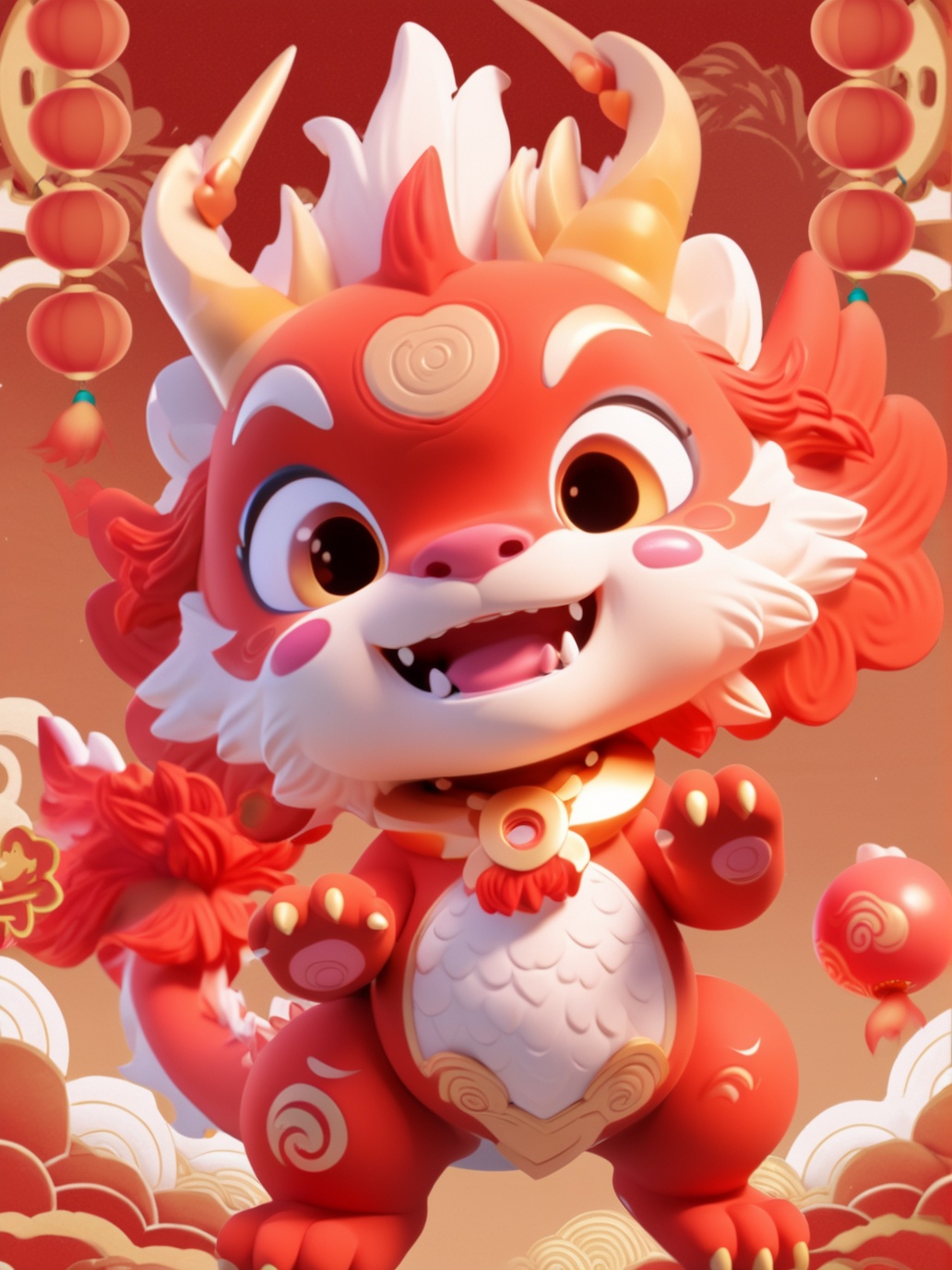 a vibrant and animated character that appears to be a fusion of a lion and a dragon. The character is predominantly red with white and gold accents. It has large, expressive eyes with a mix of blue and green hues. The character is adorned with a traditional Chinese lion dance mask, which is white with red and gold details. The mask has two large, round eyes and a prominent, curved mouth. The character is also wearing a golden necklace with a circular pendant. It has a playful expression, with its mouth open, revealing its teeth, and its tail is curled up, resembling a lion's tail. The character is set against a gradient background that transitions from a light pinkish hue at the top to a deeper pinkish-red at the bottom<lora:LONG IP:1>