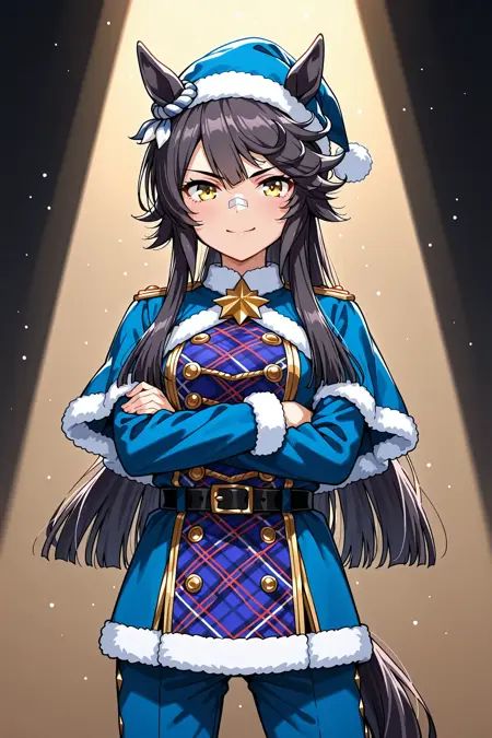 <lora:Narita_Brian:0.8>,narita brian \(umamusume\),horse ears,yellow eyes,long hair,horse girl,ponytail,black hair,horse tail,bangs,tail,hair between eyes,santa hat,santa costume,blue santa costume,long sleeves,star ornament,fur sleeves,capelet,blue capelet,belt,blue pants,, 1girl,solo,smile,looking at viewer,cowboy shot,pose,spotlight,
