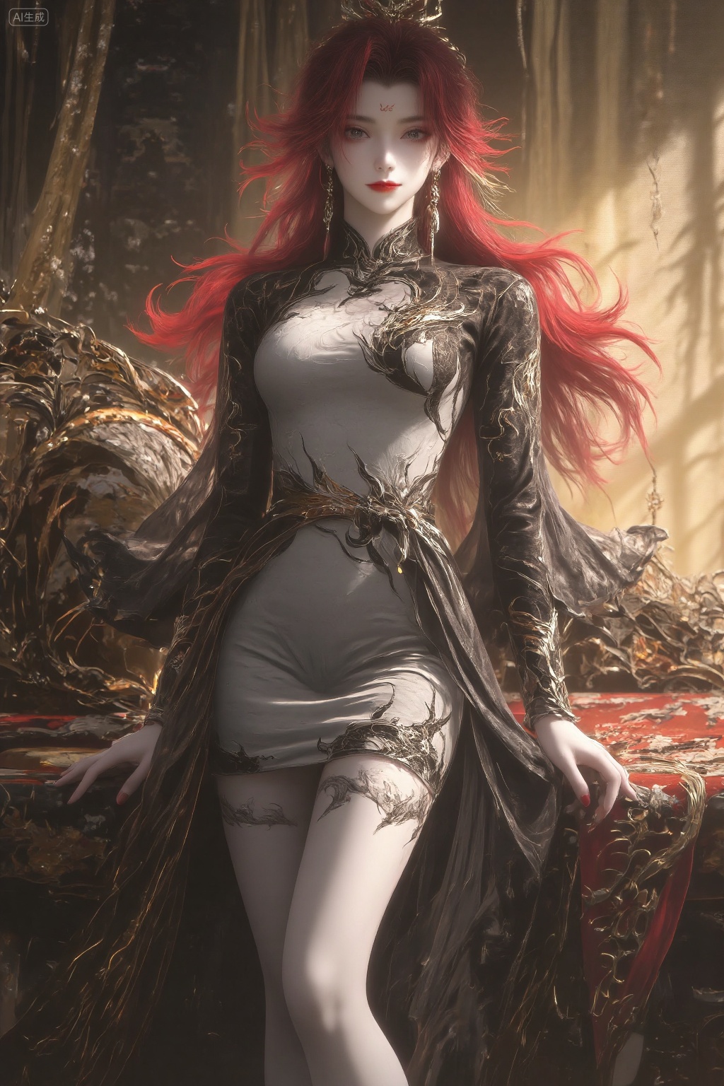 A highly detailed digital painting of a beautiful,fair-skinned woman with long,flowing red hair,adorned with a golden crown. She wears an intricate,black and white,high-collared dress with dragon motifs.Her plump thighs were exposed,revealing a perfect and sexy curve. The hem of her silver-gray dress was naturally relaxed,concealing her tender bare feet,, Her body is angled slightly to the side,with her right arm bent and resting on the bed,while her left arm is gently placed on her waist. Her legs are slightly bent,with one leg resting over the other,exuding an air of relaxed elegance. The scene is enhanced by warm,golden lighting that casts soft shadows across her figure and the ornate bed,highlighting the intricate details of her attire and the luxurious surroundings.,, best quality,astonishing quality,ultimate aesthetics,absurd,best quality,ultimate aesthetics,masterpiece,emotional masterpiece,extraordinary above all,mastery of details,, Negative prompt: ng_deepnegative_v1_75t,(badhandv4:1.2),EasyNegative,(worst quality:2),,nsfw, Steps: 30, Sampler: DPM++ 2M, CFG scale: 3.5, Seed: 4096989392, Size: 1024x1536, Model hash: 062dad72b2, Model: 麦橘超然majicFlus_v1.safetensors, Denoising strength: 0, RNG: CPU, Lora 1: 20250819-1755611835291-0011, Lora Hash 1: 4a4e21aeb4, Lora Weight 1: 1.05, Lora 2: 《墨染冥照》|古风插画|唯美意境画风系列, Lora Hash 2: 0c05ef6259, Lora Weight 2: 0.7, vae_name: automatic