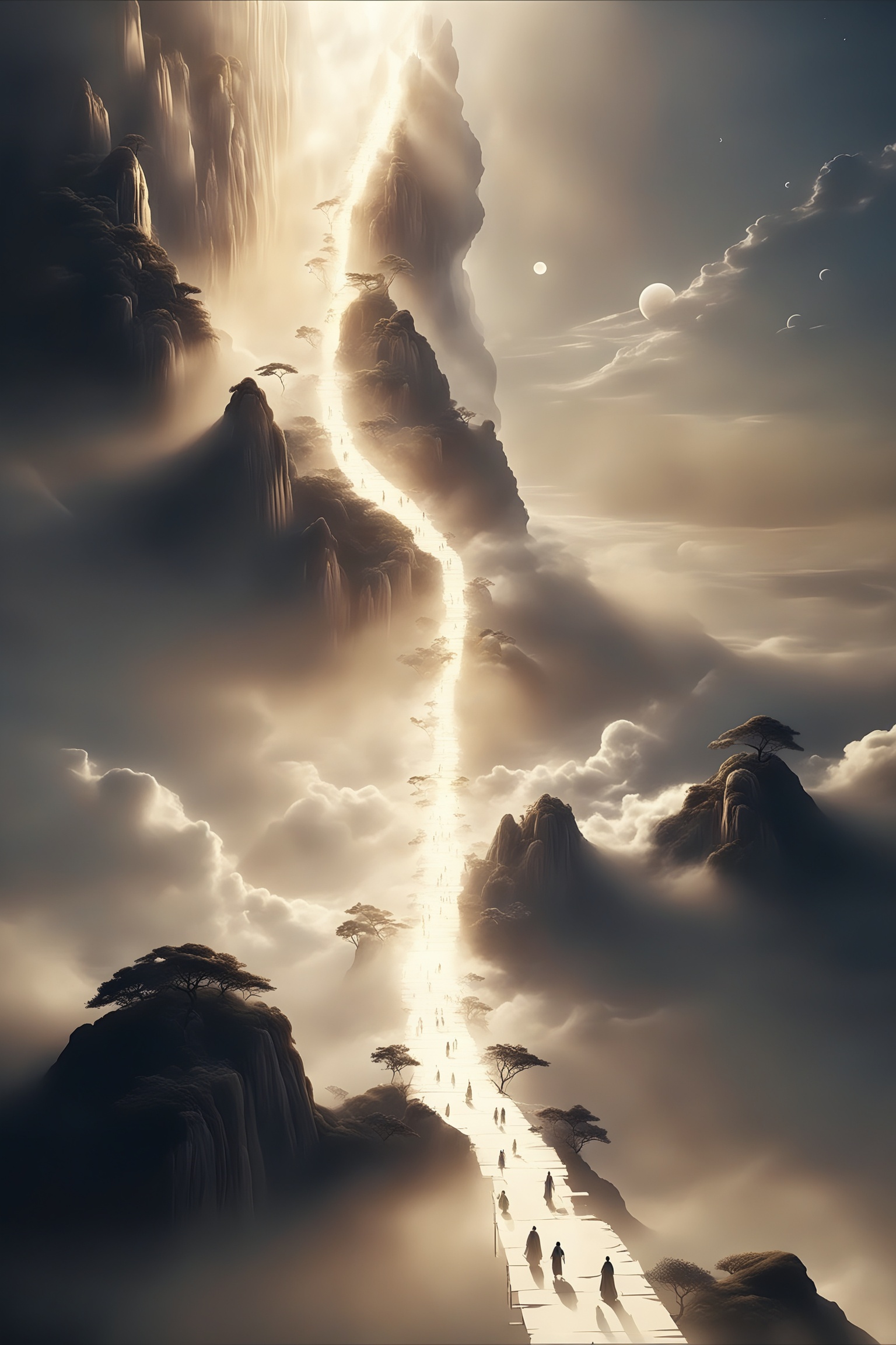 renjie,The image depicts a surreal and ethereal landscape where a luminous pathway ascends through towering cliffs,surrounded by misty clouds. The pathway is illuminated by a radiant beam of light,creating a striking contrast against the dark,rugged terrain. Numerous silhouetted figures are seen walking along the path,adding a sense of scale and movement to the scene. The sky above is filled with celestial bodies,including multiple moons and planets,enhancing the otherworldly atmosphere. The overall composition evokes a sense of wonder and mystery,blending elements of fantasy and reality.,