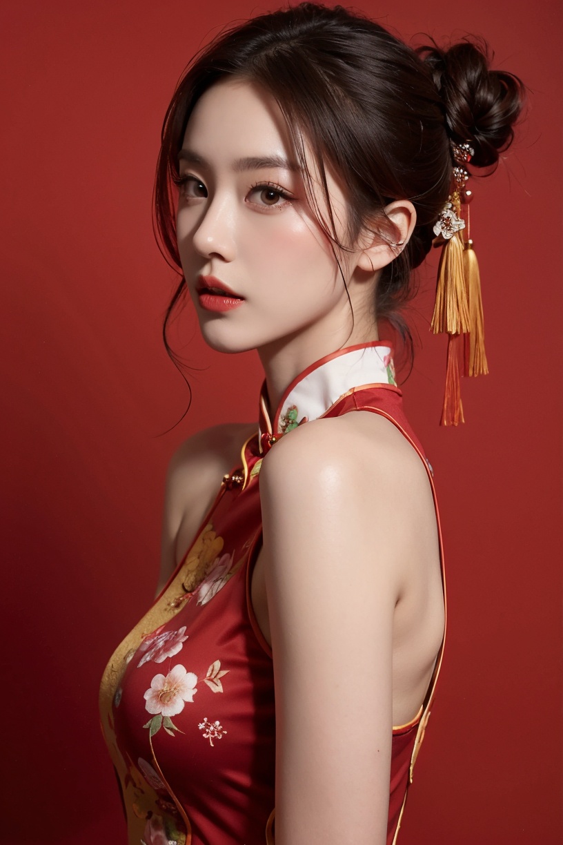 neo-chinese style,national tide,1girl,solo,chinese clothes,sunglasses,china dress,double bun,nail polish,hair bun,dress,hair ornament,red background,looking at viewer,upper body,new year costume,New Chinese cheongsam,new year,red nails,brown eyes,realistic,lips,makeup,lipstick,tattoo,red lips,simple background,red dress,adjusting eyewear,brown hair,pink nails,new year 2024,<lora:sdxl_National fashion:0.7>,masterpiece,best quality,