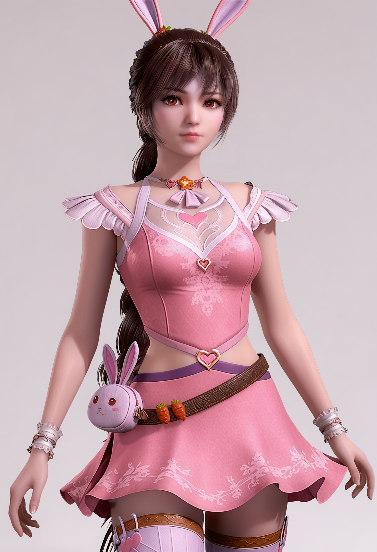 score_9,high detail,best quality,shiny skin,shiny,xiaowuqn,1girl,solo,brown eyes,brown hair,ponytail,rabbit ears,long hair,pink dress,dress,white background,realistic,simple background,hair ornament,closed mouth,jewelry,heart,breasts,pink skirt,belt,thighhighs,looking at viewer,thighs,<lora:QQSponyxiaowuqnV1:0.8>,<lora:Pony_DetailV2.0:0.8>,<lora:皮肤凹痕:0.1>,