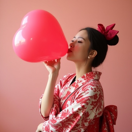 Japanese lady blowing heart balloon wearing kimono on Tensor.Art