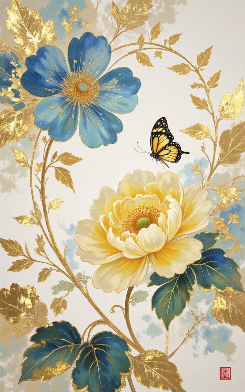 jinbo,lvjing,baoshi,no humans,flower,bug,insect wings,blue flower,leaf,butterfly,yellow flower,butterfly wings,wings,painting \(medium\),30,
