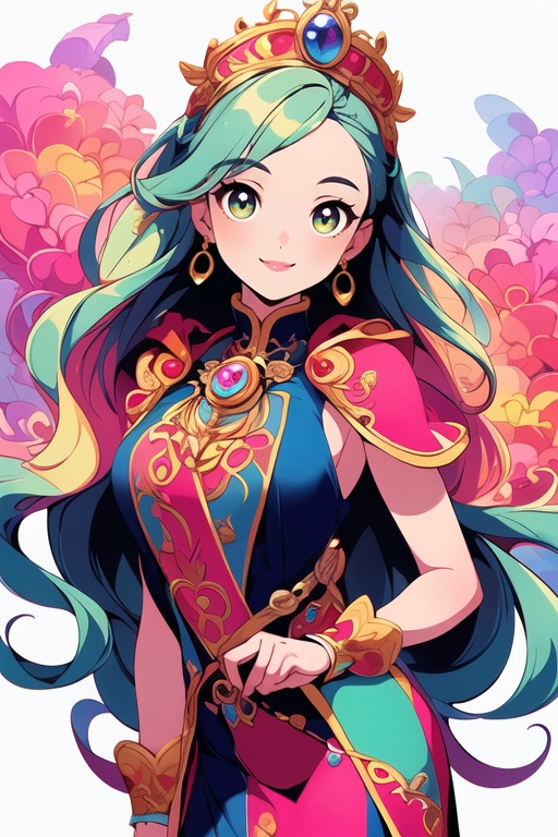 (masterpiece, top quality, best quality, official art, beautiful and aesthetic:1.2),1girl,delicate face,wear gogerous dress,smile,fantasy background,vivid color,32k,super details,happy,smile,perfect skin,long curved hair,
