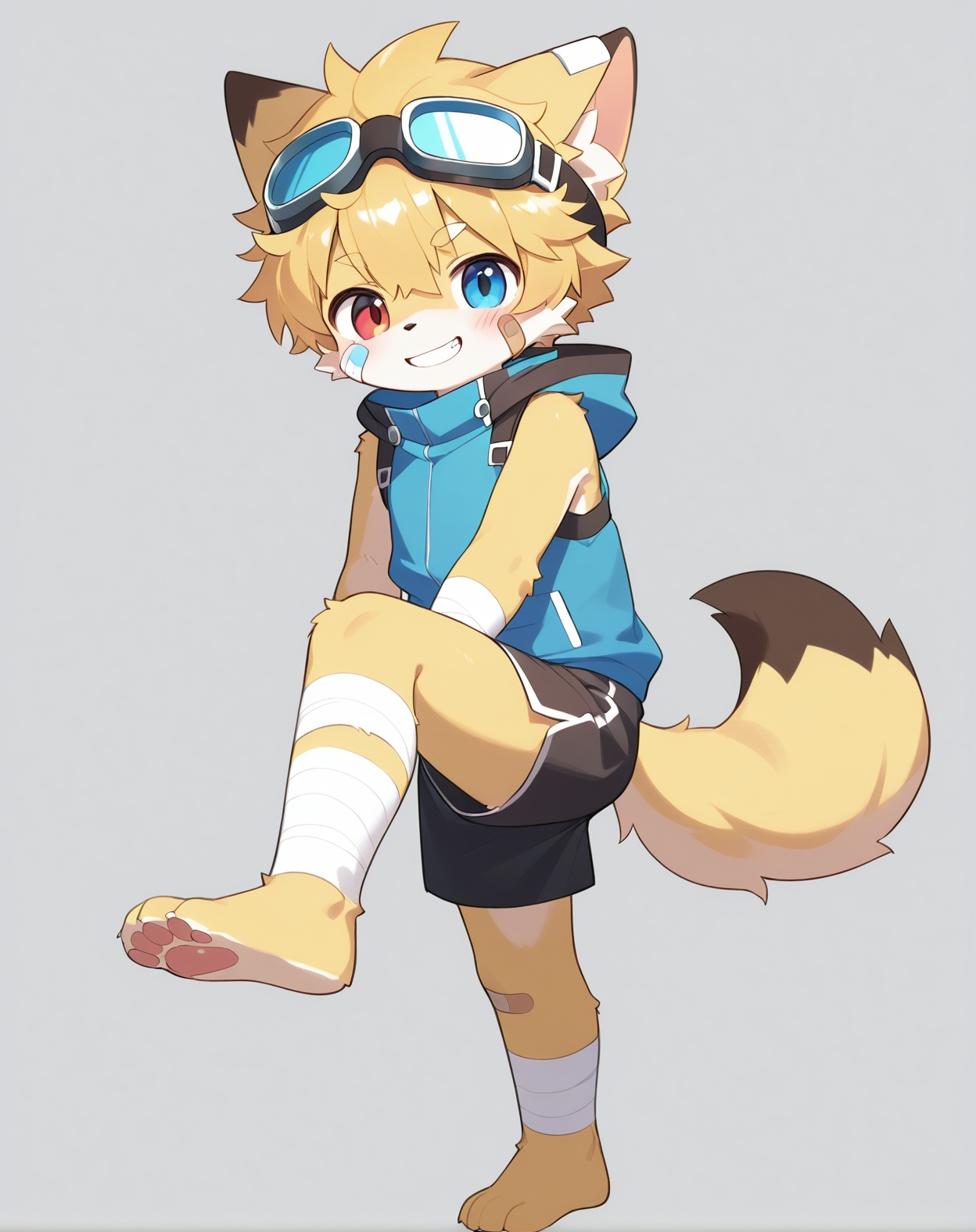 1boy,male focus,furry,furry male,solo,animal ears,goggles,goggles on head,blonde hair,blue eyes,tail,red eyes,smile,heterochromia,bandages,shorts,bandaid on face,standing on one leg,short hair,looking at viewer,bandaid,simple background,grin,leg up,blush,barefoot,male child,standing,grey background,