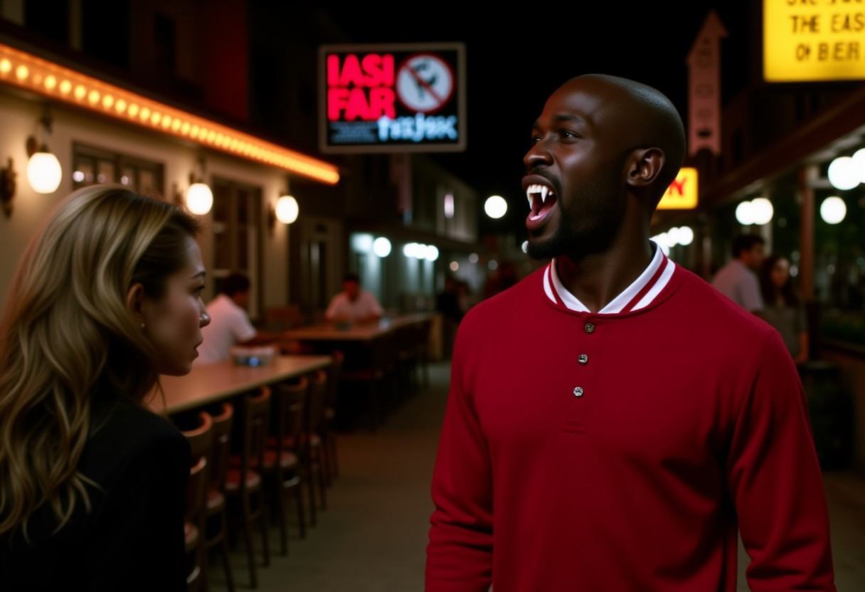 Vampyfangs1. a film still photo. 35mm. 4k. From a 2003 movie. a black Jamaican vampire and is showing off his fangs,  he i...