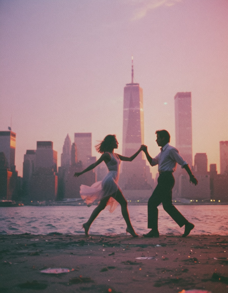 eh80retrofilms,  a couple dancing floating over new york,  twin towers on Tensor.Art