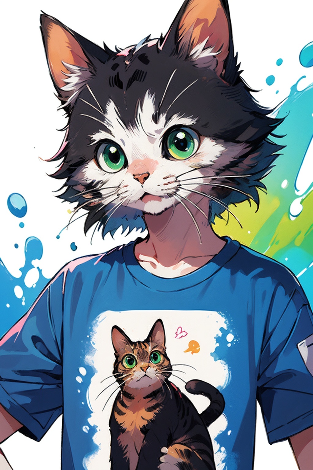 ,(Masterpiece:1.2, high quality,ultra-fine painting,Vivid Colors),(white background:1.2),TshirtDesignAF, T shirt design,cat, solo,green eyes,vibrant,cure lovely,  <lora:Chinese Li Hua:0.6>, <lora:cat_20230627113759:0.5> 