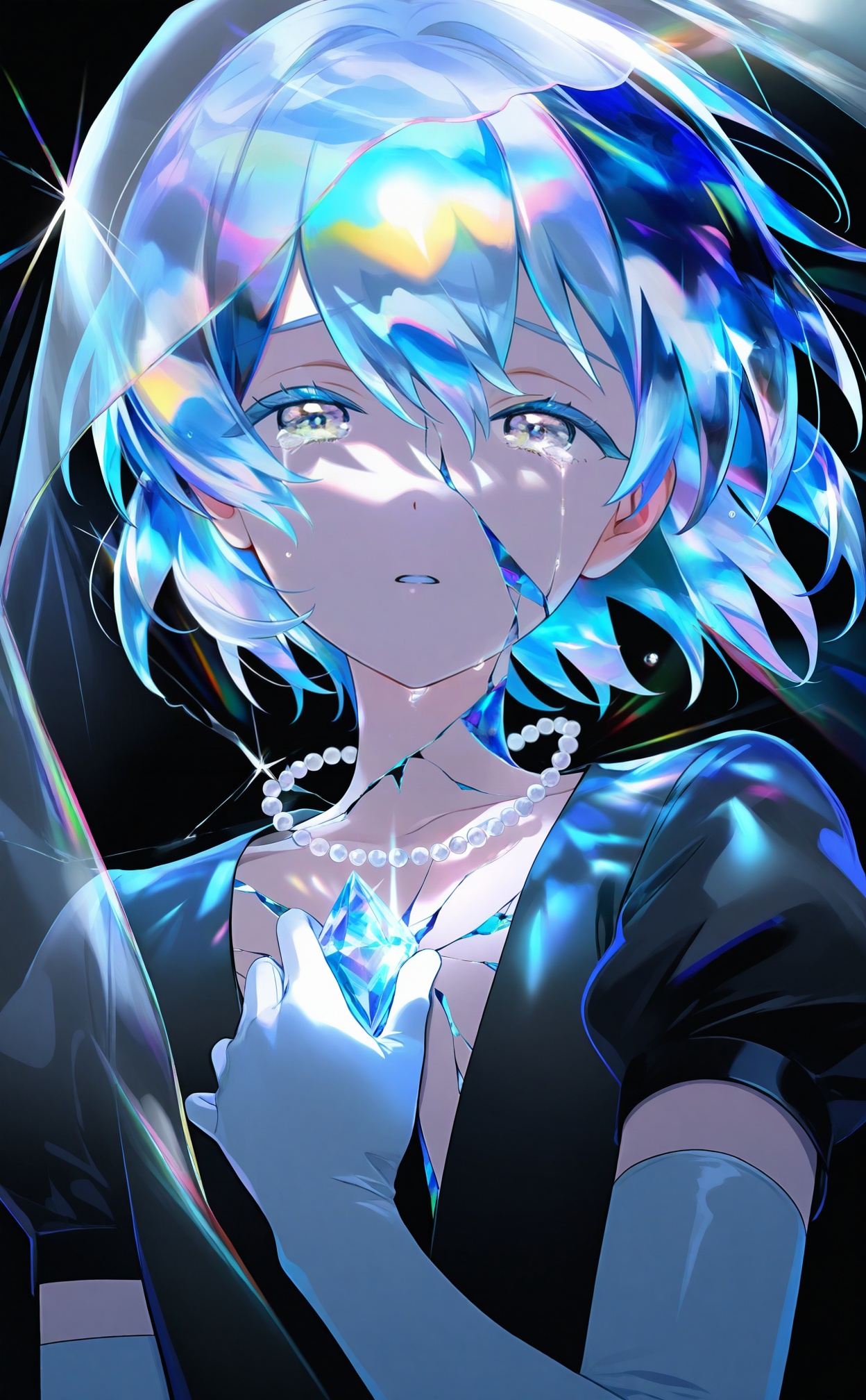 masterpiece,absurdres,best quality,loli,petite,high quality,chromatic_aberration,dark,black theme,//,diamond_\(houseki_no_kuni\), solo, crystal_hair, 1other, other_focus, white_gloves, gem_uniform_\(houseki_no_kuni\), gloves, cracked_skin, androgynous, looking_at_viewer, parted_lips, upper_body, short_hair, glint, hand_on_own_chest, veil, blue_hair, collarbone, multicolored_hair, gem, grey_eyes, pearl_\(gemstone\), hair_between_eyes, jewelry, dress, pearl_necklace, 1girl, crack, glowing_hair, black_shirt, genderswap_\(otf\), diamond_\(gemstone\), black_dress, beads, shirt, sparkle, blue_eyes, crying, crying_with_eyes_open, light_blue_hair, hand_up, white_hair, see-through, tears, necklace, transparent, rainbow_hair, blue_theme//,<lora:degrees_25——【CKXL】hans:1>,