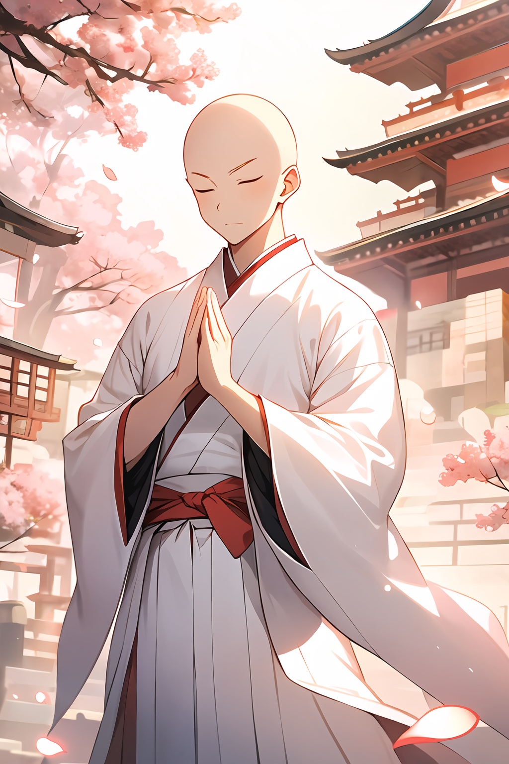 monk, bald, 1boy, solo, male focus, closed eyes, praying, facing viewer, architecture, standing, closed mouth, outdoors, wide sleeves, long sleeves, hakama skirt, palms together, flower, light, sky, petals, day, sunlight, cowboy shot, put your hands together, put your hands on your chest, highlights on the top of the head, light particle, chinese monk's white kasaya clothes, red belt, Chinese ancient architecture, Light pillar, <lora:yiling_玉面小僧:0.8>
