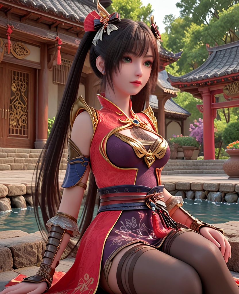 (oriental architecture, elegant decor, sophisticated style:1.1),(playing in the water park:1.1),(breasts:1.2),<lora:XL神墓楚钰黑丝:0.95>,miss chuyu,red outer robe,purple minidress,sash,green eyes,black hair,twintails,long hair,black thighhighs,bangs,earrings,jewelry,vambraces,bracer,, score_9,score_8_up,score_7_up,score_6_up,score_5_up,score_4_up,3d rendering,tag1,tag2, Cinematic Lighting,backlighting,