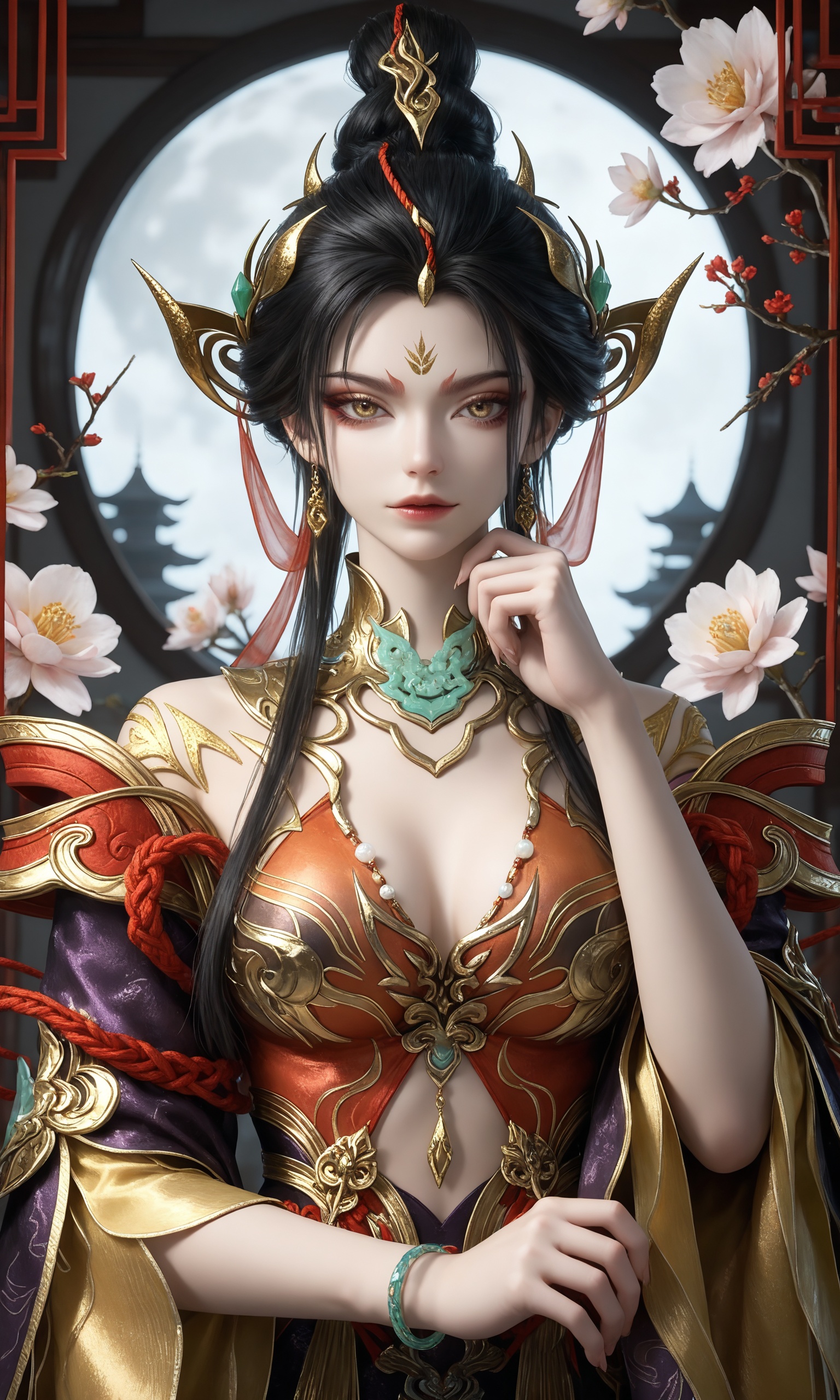 <lora:永劫无间-南宫锦-华锦IL:0.8>,1girl,black hair,long hair,hair bun,hair bun,golden ornaments,braids,high collar,breasts,jewelry,dress,golden footwear,bare legs,clothing cutout,earrings,bracelet,chinese clothes,, masterpiece,best quality,solo,1girl,upper body,petals,looking at viewer,moon,branch,cherry blossoms,flower,extreme aesthetic,(quasarcake:0.7),masterpiece,best quality,good quality,newest,very aesthetic,absurdres,A shot with tension,(Visual impact,giving the poster a dynamic and visually striking appearance:1.2),impactful picture,offcial art,colorful,splash of color,movie perspective,
