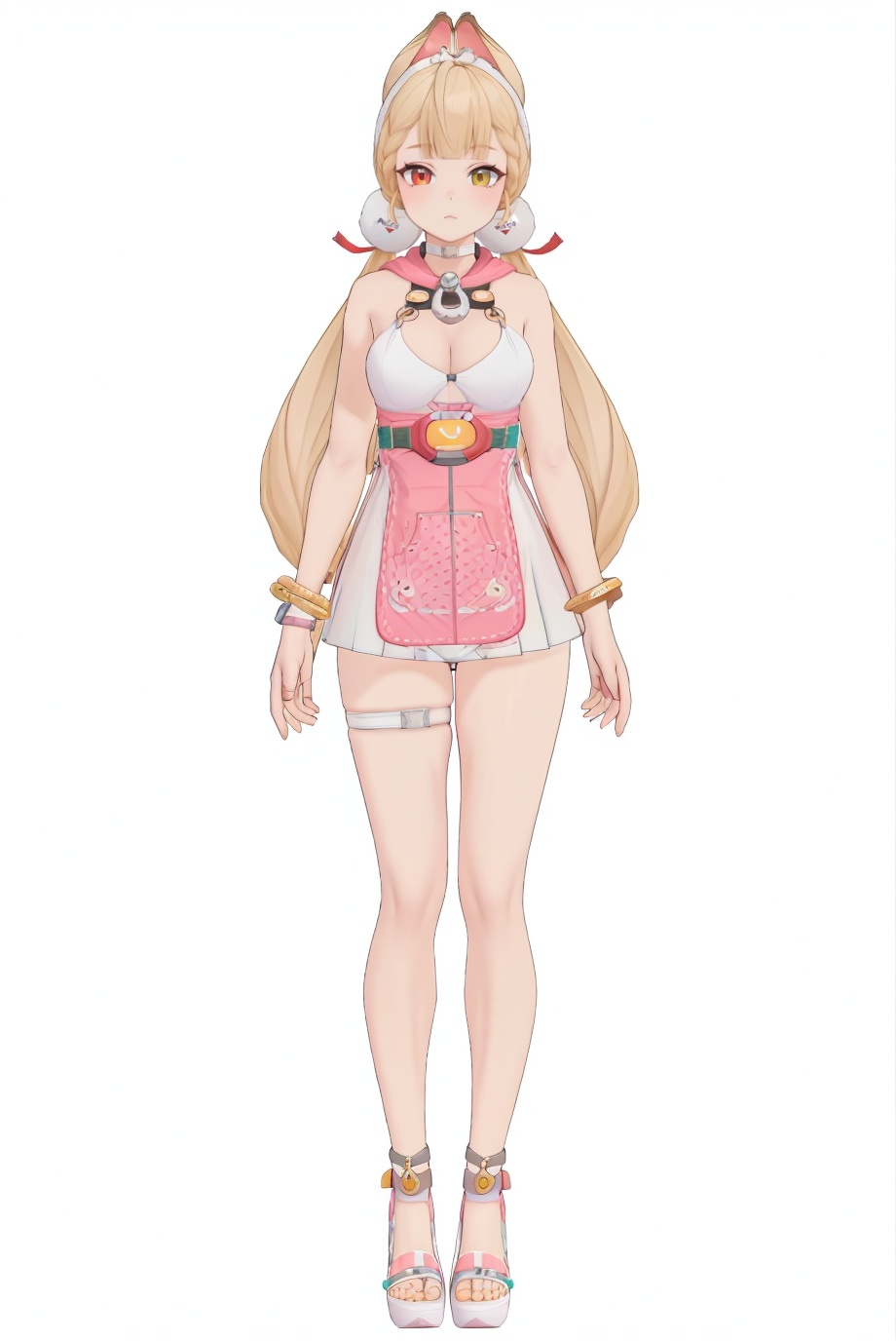 8k,best quality,masterpiece,(ultra-detailed),(high detailed skin),(by nanoless, by misumi \(macaroni\),:0.5),A full-body portrait of a young girl,standing gracefully,pastel art style,high-key lighting,shoujo manga influence,hd quality,delicate details,full body,full shot,standing,looking at viewer,(solo:1.2),simple background,(white background:1.2),<lora:fuaizzz-sd-Tanger:0.85>,Alice Thymefield \(Zenless Zone Zero\),clothes: Alicesw swimsuit,heterochromiam,red eye,yellow eye,Alicesw pink and white dress,1girl,long hair,blonde hair,breasts,twintails,bracelet,low twintails,pink thigh strap,