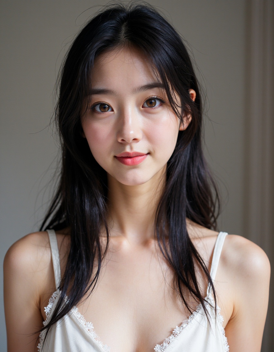 film grain, 1girl, solo, realistic, black hair, looking at viewer, dress, long hair, smile, white dress, brown eyes, photorealistic, lips, upper body,