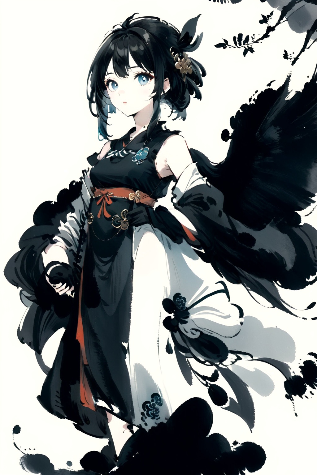 1girl,(anime style:1.1),(beautiful:1.2),(detailed:1.2),full body,moran,<lora:IllustrationInk-0010:0.8>,ink painting style,