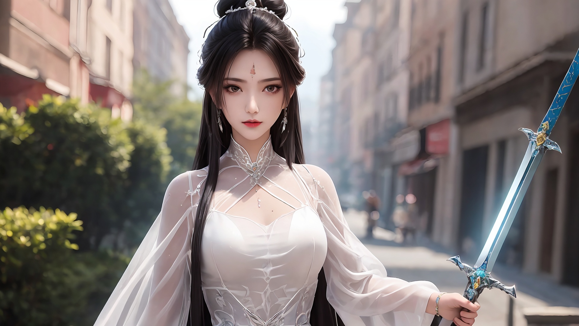 1girl,hair ornament,weapon,sword,long hair,forehead mark,solo,black hair,facial mark,upper body,index finger raised,dress,looking at viewer,jewelry,white dress,hair bun,blurry background,<lora:girl solo luxueqi_20240911015355:0.7>,