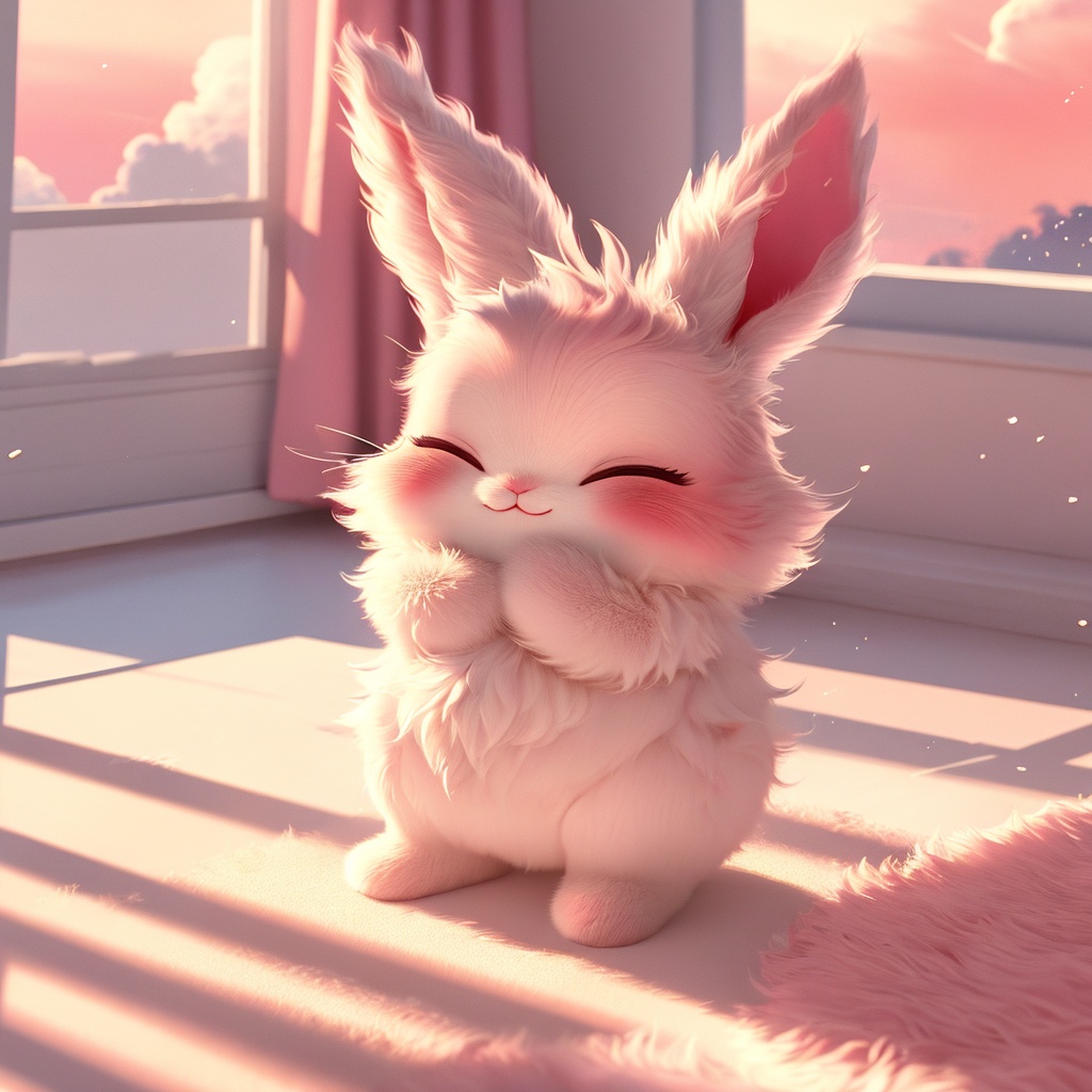maotu, rabbit, rabbit focus, soft lighting, white fur, whimsy and dramatic lighting, warm colors, mf-movie-filter, cc-color-correction, cute, whiskers, :3, ^ ^, light particles, sunlight, no humans, window, closed eyes, indoors, solo, sky, blush, cloud, curtains, fluffy, full body, closed mouth, happy, facing viewer, blurry, standing, shadow, day,<lora:maotu_v1:0.8>,