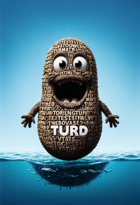 A turd floats up from beneath the waves,  text logo "TURD" dvr-txt on Tensor.Art