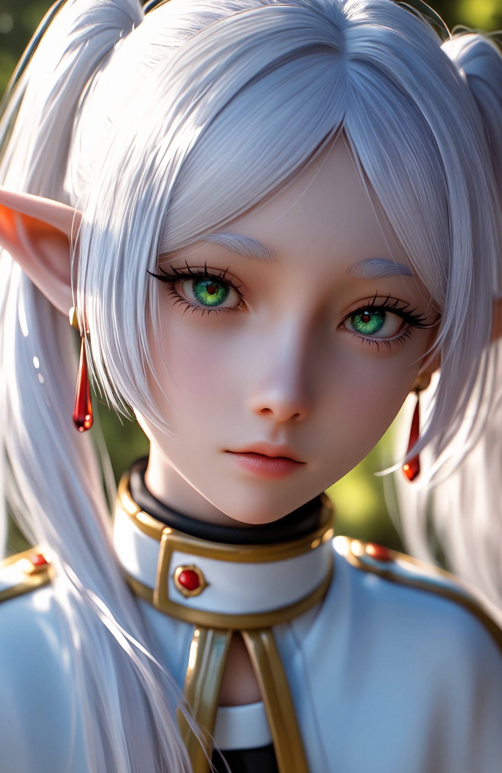 masterpiece, best quality, very aesthetic, ultra-HD, cinematic lighting, photorealistic, impressionism, high detail, depth of field, blurred background, dramatic lighting, 8k, high detail, depth of field, soft reflections, amazing composition, solo,1girl, frieren,white_hair, hime_cut, twintails, long_hair, short_eyebrows, green_eyes, elf ears, parted_bangs, earrings, portrait, close-up, looking at pov,