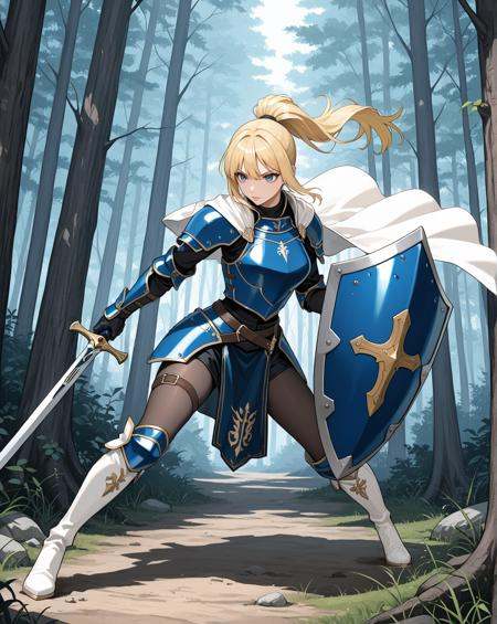 masterpiece, best quality, very aesthetic, newest, absurdres, 1girl, perfect hand, blue armor, holding sword, large shield, white boots, white cape, blonde hair in ponytail, dynamic pose, forest
