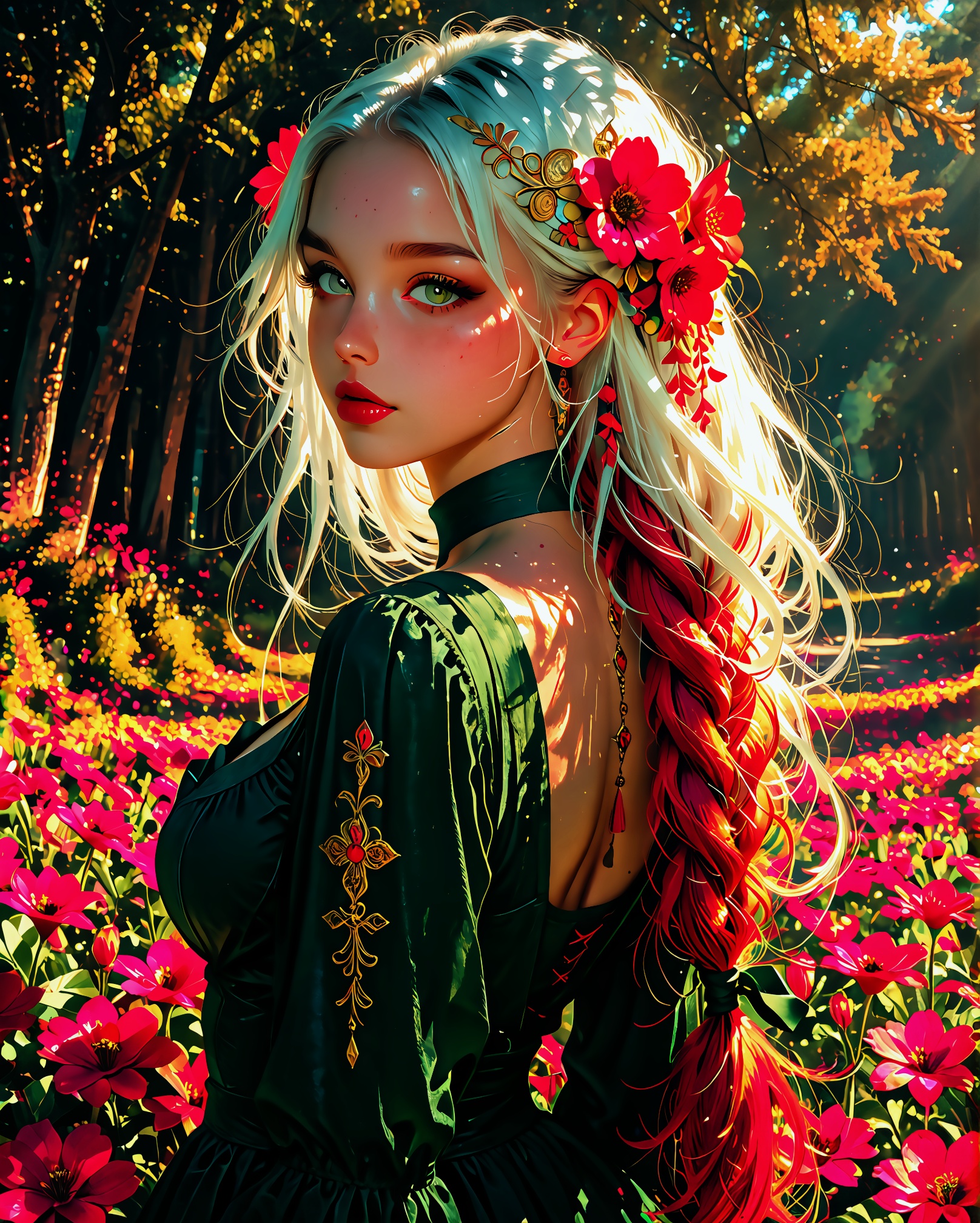 A vibrant and surreal painting of a woman with long,  wavy white hair adorned with red flowers,  set against a colorful ab...