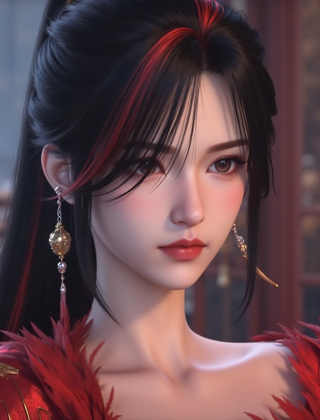 , ultra-high resolution,32K UHD,sharp,,close ,face portrait,,small breasts,small breasts,small breasts,small breasts,small breasts,small breasts, <lora:赵襄儿flux-lora-000013:1>1girl, zhaoxianger, solo, portrait, realistic, black hair, multicolored hair, earrings, jewelry, streaked hair, long hair, blurry background, blurry, red hair <lora:滤镜flux-lora-000020:0.4> lvjing