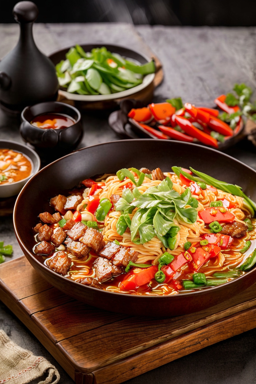 depth of field, chinese food, realistic, food, no humans, steam, bowl, meat, noodles, spring onion, food focus, vegetable, ramen, still life, soup