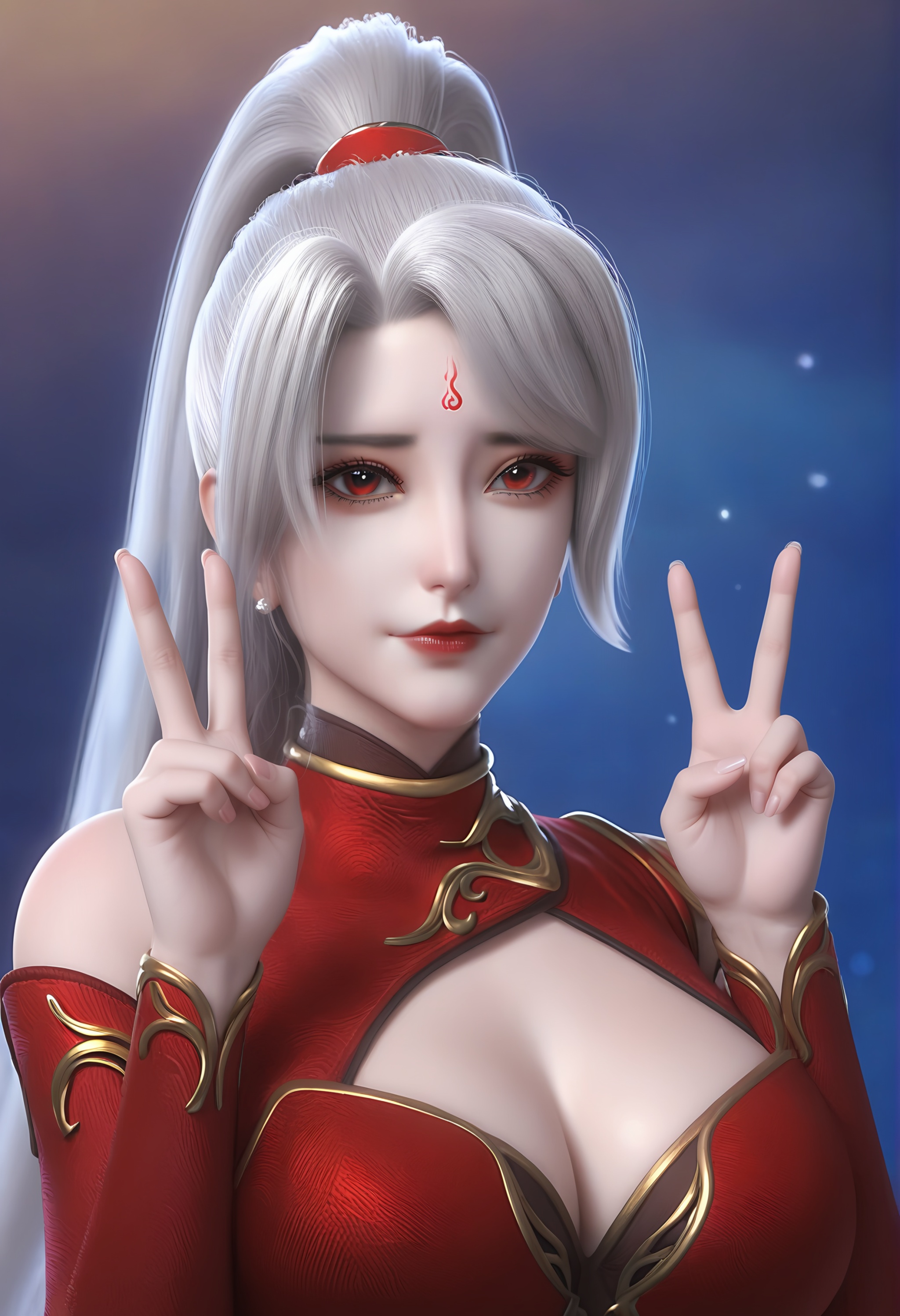 (score_9),light blush,body blush,<lora:焰羽女神-Apony:0.83>,yanyu,solo,1girl,white hair,long hair,ponytail,hair rings,forehead mark,red eyes, red dress,high collar,detached sleeves,double v,looking at viewer,front view,female,mature,(mature_female:1.1),glamor,flashback,OverallDetail,fair_skin,(white_skin),(Ivory_skin),<lora:e色温:0.5>,<lora:e肤色滑块:0.5>,<lora:detailed_notrigger:1>,<lora:perfect-eyes:0.8>,