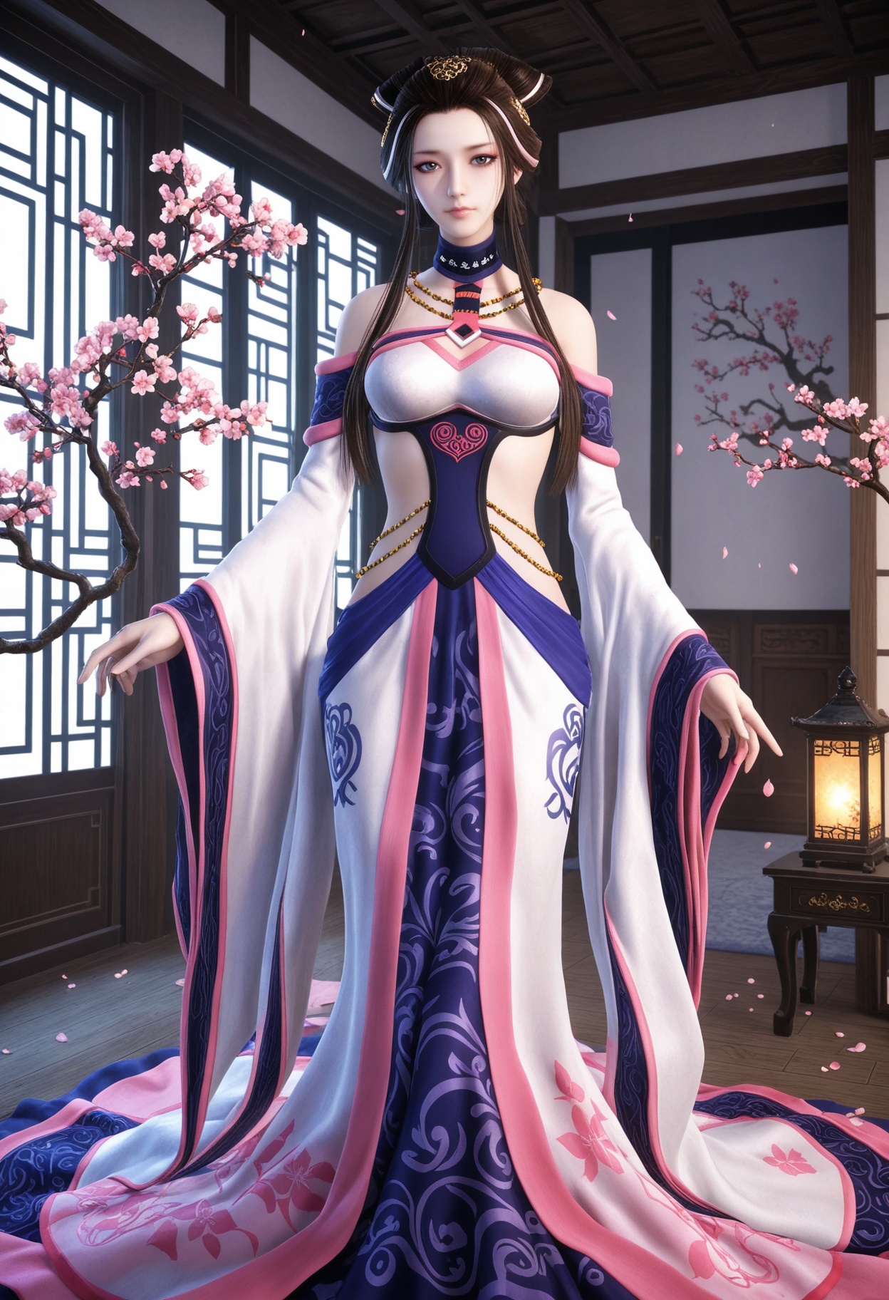 (standing full_body:1.1),(looking at viewer:1.1),masterpiece,(best quality),smog,Dark room,dim lighting,peach blossom,falling petals,<lora:YQ_Illustrious光辉v5_湘夫人_V1:0.8>,q1528437228,1girl,solo,long hair,black hair,jewelry,bare shoulders,necklace,hair ornament,brown hair,dress,sidelocks,wide sleeves,long sleeves,choker,hair bun,brown eyes,detached sleeves,grey eyes,blue eyes,