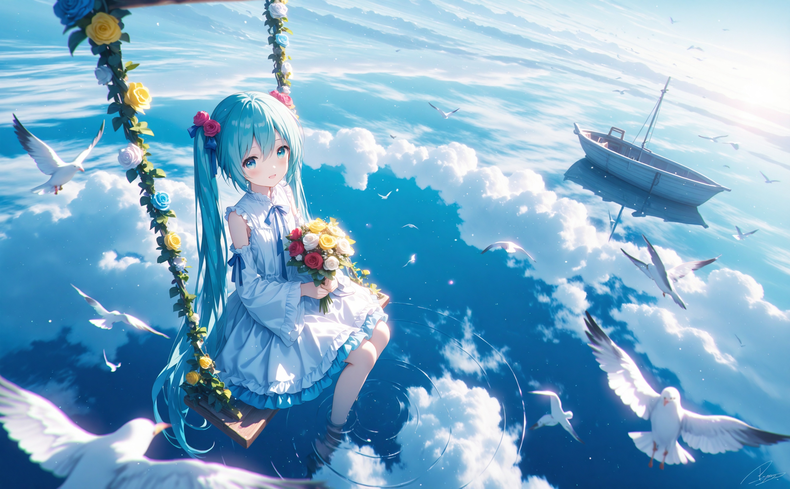 masterpiece,absurdres,best quality,loli,petite,high quality,chromatic_aberration,cinematic_angle,dutch angle, //,1girl, wide shot, hatsune miku, flower, watercraft, long hair, solo, scenery, bird, blue flower, boat, cloud, dress, white dress, blue theme, twintails, rose, reflection, sky, sitting, aqua hair, white flower, white bird, very long hair, hair ornament, outdoors, cloudy sky, blue rose, hair between eyes, water, sleeveless, aqua eyes, detached sleeves, red flower, yellow flower, blurry, light particles, frills, white rose, hair flower, bare shoulders, blue hair, ripples, sleeveless dress, closed mouth, own hands together, looking at viewer, smile, depth of field, purple flower, reflective water, from above, day, oar, very wide shot, holding, plant, blue sky, ship, seagull, bow, looking up, wide sleeves, dove, flock, ocean, green flower, blue eyes, long sleeves, animal, aqua theme, blurry foreground, swing, hair bow, signature, colorful, horizon, above clouds, bouquet, sunlight, yellow rose, red rose, open mouth, frilled dress, ribbon, closed eyes<lora:Fumyun-000030:0.8>